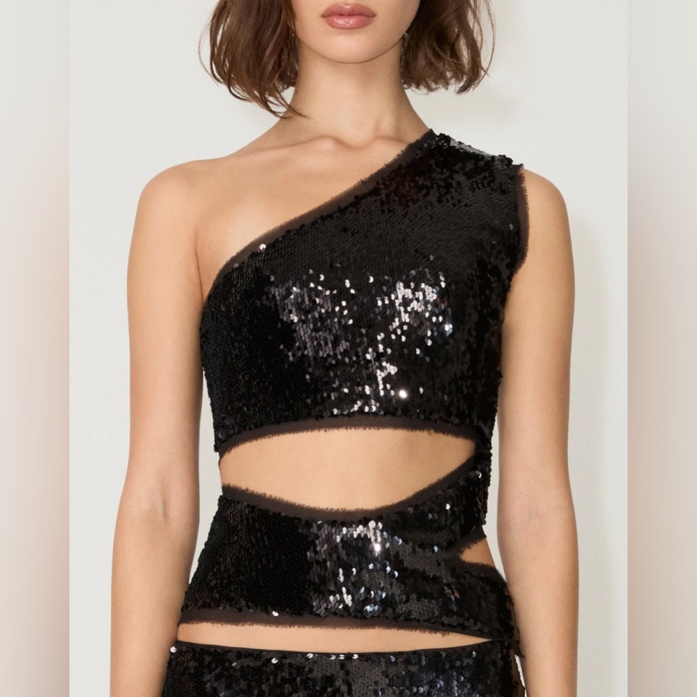 KHY X Sia Arnika one shoulder black sequin top with cut outs